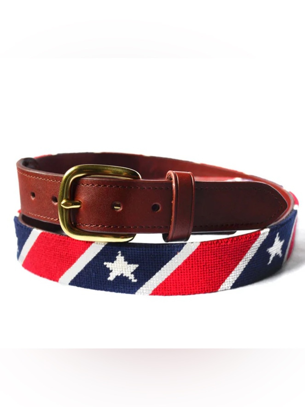 Leather and Star-Striped Canvas Men’s Belt in Brown and Red/Blue